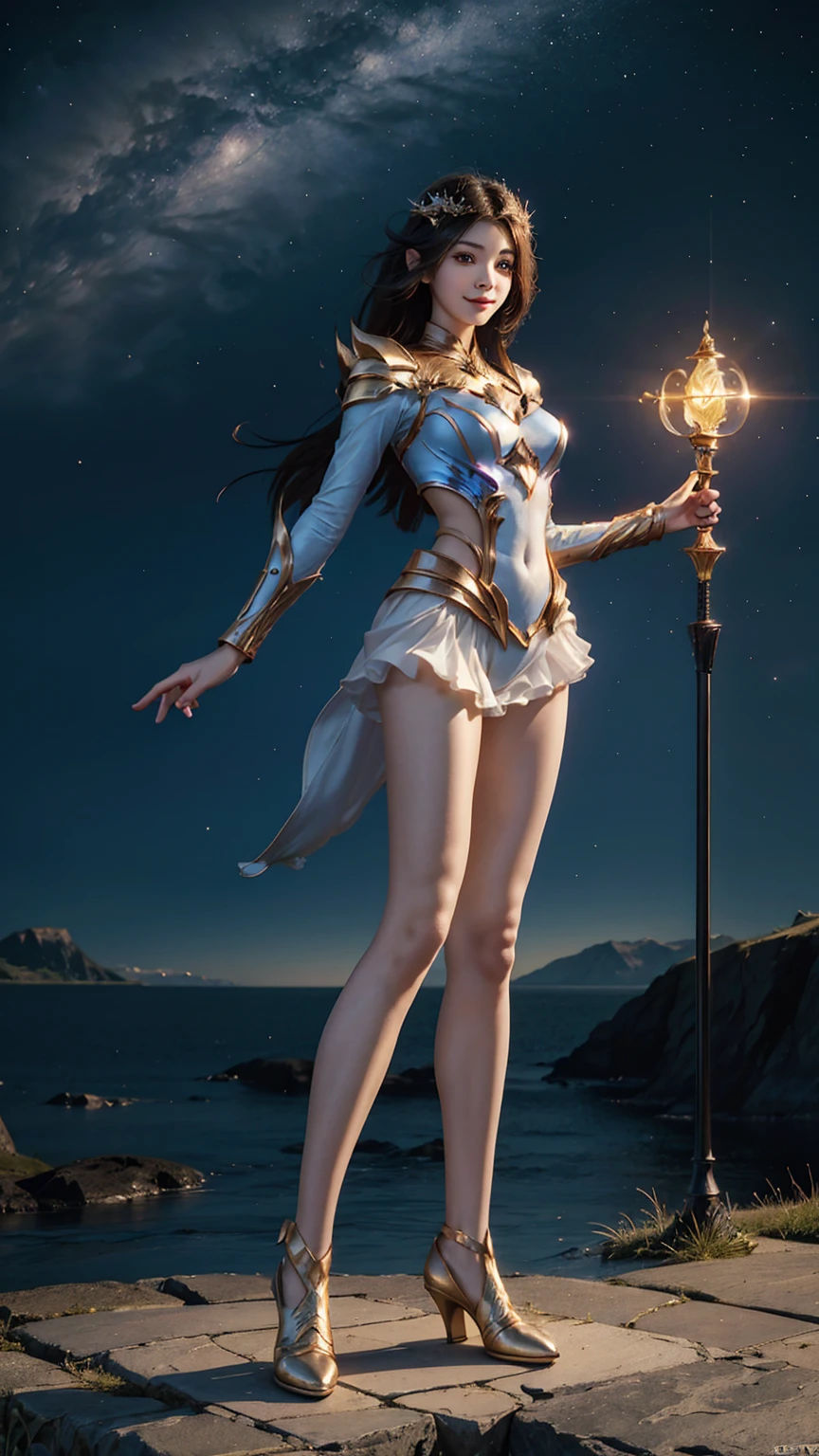 Beautiful Lunox from Mobile Legends, skinny girl, fire, gorgeous face, sweet smile, the most beautiful person, standing alone, perfect body, balance, front view, she is looking at the camera, half body image, perfect anatomy, beautiful scenery, UHD image , 4K wallpaper, best high quality photorealism, light, light, perfect figure, cute girl