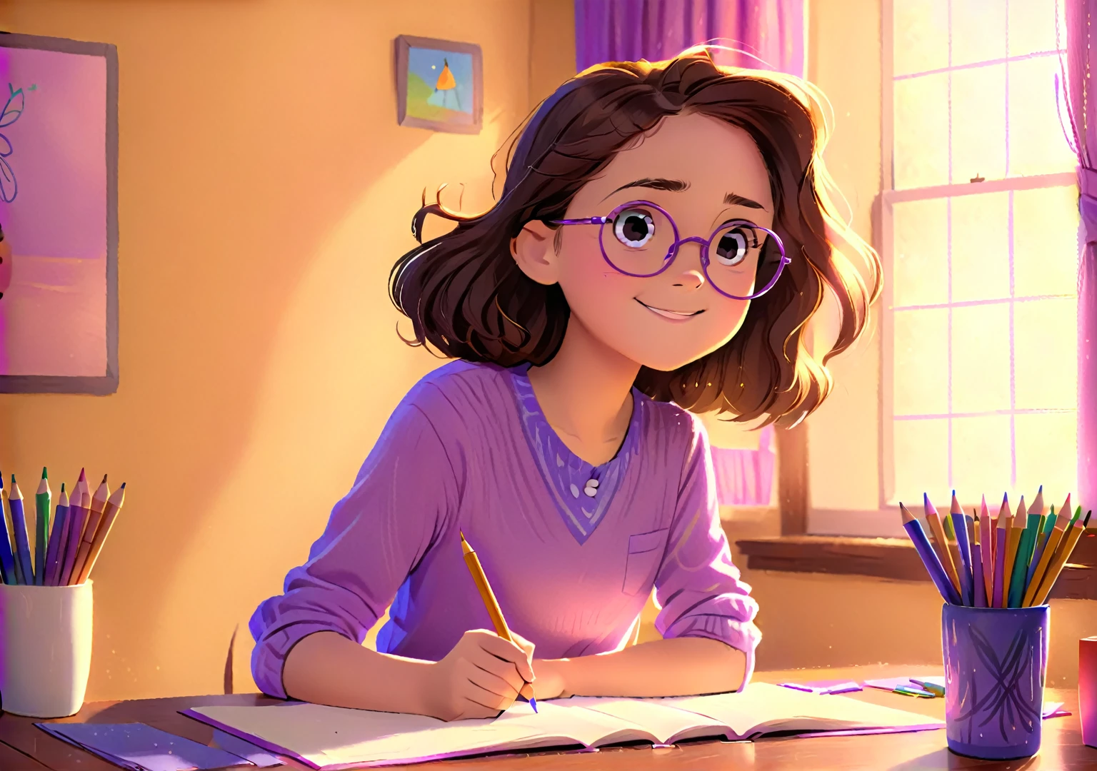 Clara, a small girl with brown wavy hair, using glasses, drawing with crayons, happy expression, wearing purple shirt. Detailed face, intricate details, colorful crayons, cozy indoor setting, beautiful lighting, soft pastel colors, warm tones, cinematic composition, award winning illustration, highly detailed, photorealistic, 8k, masterpiece, professional, award winning, cinematic lighting, soft focus, beautiful composition, consistent character. The illustration should be simple and clean. The style of the illustration resembles a classic ren's book, combining a Disney cartoon and watercolor illustration but with thick lines outlining t