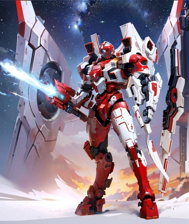 High detail, high quality, masterpiece, perfect hamds, epic, mech , battle mecha, sword, red and white pattern mecha, visor, full body, close, pose