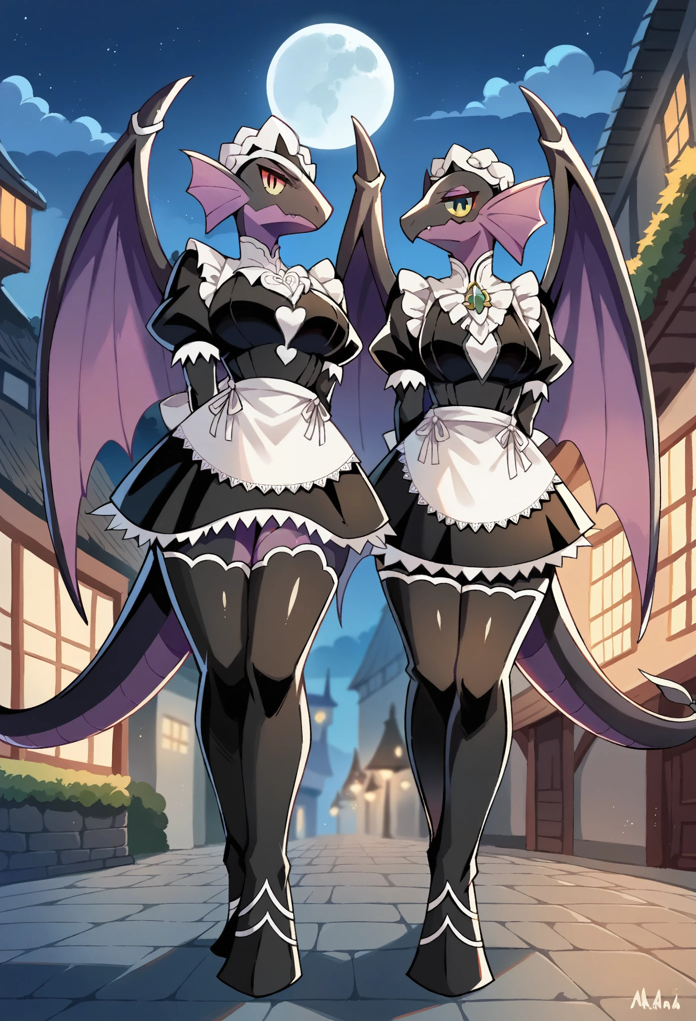 uploaded on e621, (r-mk, rmtwo, bioz, kakiikada, anawat, katahane3), female, duo, twins, anthro, ear fin, fur, scalie, pokemon, noivern, maid, black body, maid apron, long black maid uniform, uniform, clothing, white headwear, white panties, long black maid dress, black maid topwear, black thigh highs, purple areola, thin body, thick thight, wide hips, tail, wings, big large breasts, natural breasts, hidden breasts, arms crossed behind back, looking at the viewer, unimpressed, post-apocalypse, crumbling medieval city on background, late night, moon, dark alleyway, detailed face, full body, low angle view, standing,