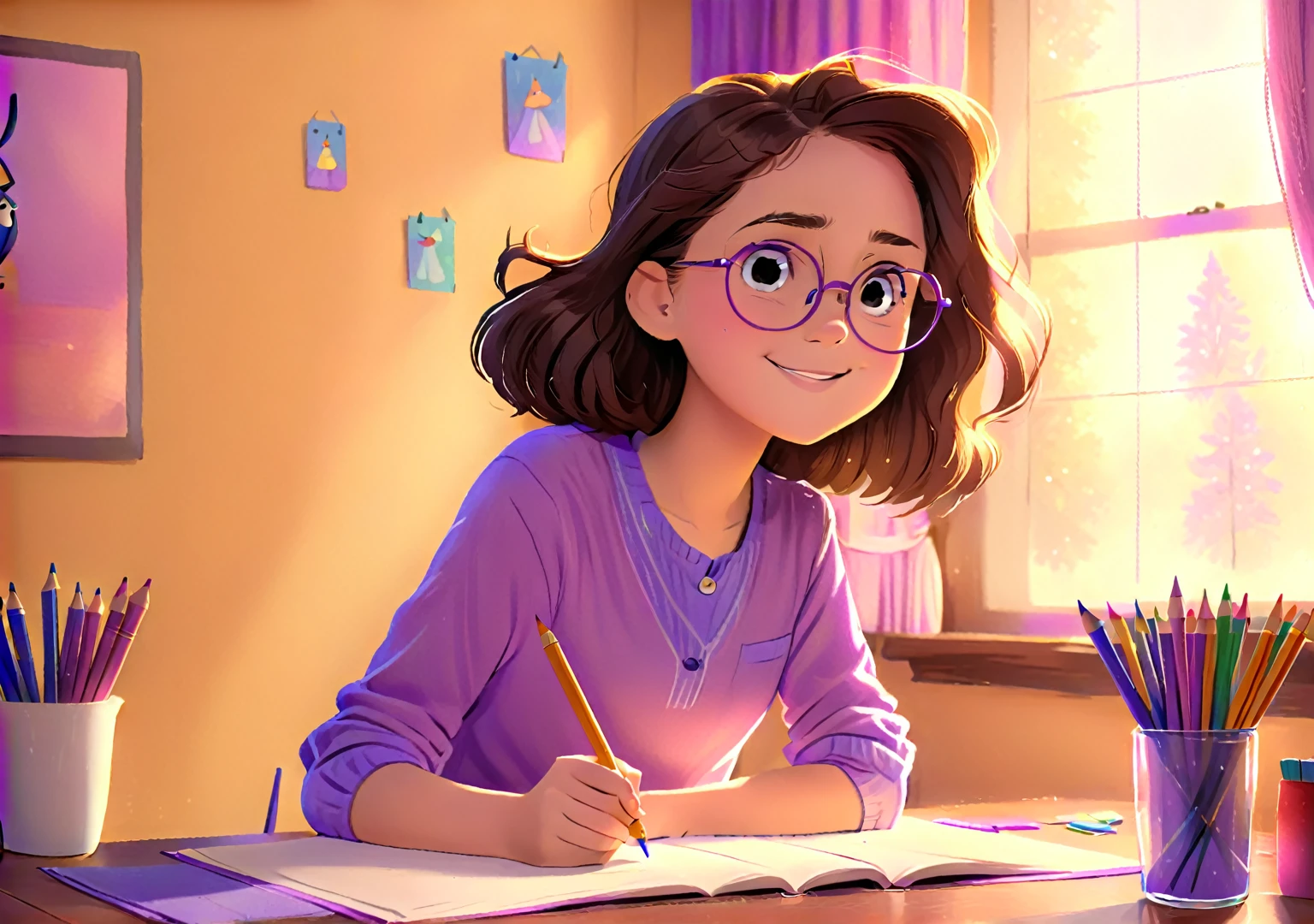 Clara, one small girl with brown wavy hair, using glasses, drawing with crayons, happy expression, wearing purple shirt. Detailed face, intricate details, colorful crayons, cozy indoor setting, beautiful lighting, soft pastel colors, warm tones, cinematic composition, award winning illustration, highly detailed, photorealistic, 8k, masterpiece, professional, award winning, cinematic lighting, soft focus, beautiful composition, consistent character. The illustration should be simple and clean. The style of the illustration resembles a classic ren's book, combining a Disney cartoon and watercolor illustration but with thick lines outlining t