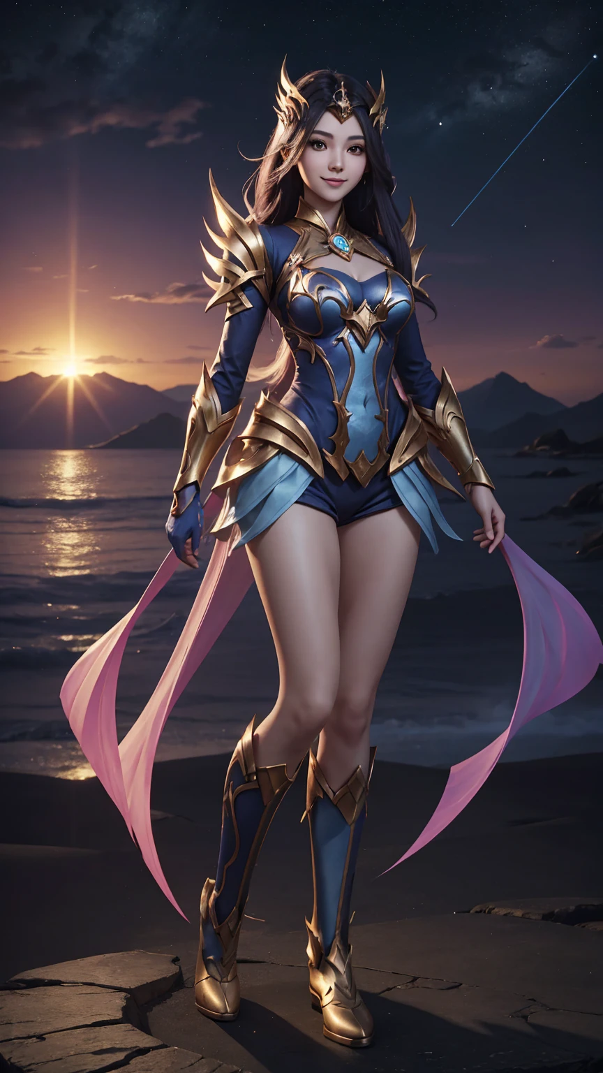 Beautiful Lunox from Mobile Legends, skinny girl, fire, gorgeous face, sweet smile, the most beautiful person, standing alone, perfect body, balance, front view, she is looking at the camera, half body image, perfect anatomy, beautiful scenery, UHD image , 4K wallpaper, best high quality photorealism, light, light, perfect figure, cute girl