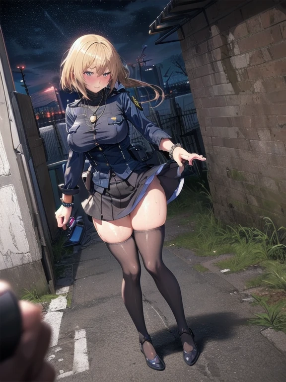   mature woman, big chest, Police Officer,  cosplay, transparent nipples,Big Breasts,    open your chest wide    , ,(    miniskirt length  :1.3),   knee-high socks for viewers, ( ragged uniform  ),No pants,(  sweated , shiny skin:1.1), (Ruins:1.2),    outdoor   ,sunlight, Spotlight effect,Dark Skies,Strong winds,(  High image quality,    high quality:1.1),    intricate details  ,      Cinematic lighting  ,    1 girl,(,  Because she's embarrassed ),(   necklace   ,    bracelet),(Remoteプレイ:1.2), (Remote_vibration:1.2), (( hand:1.3))、  Dynamic Poses in Overseas Seas ,Blonde,