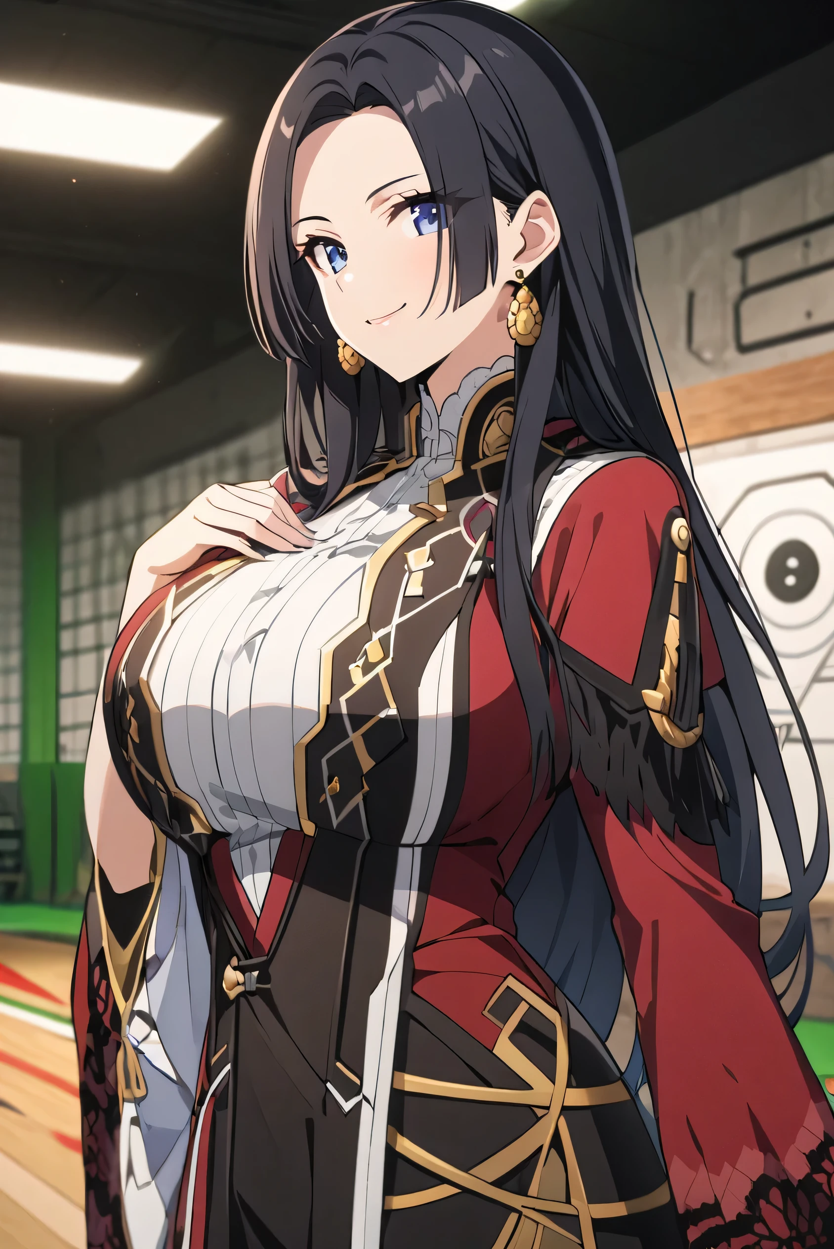 score_9, score_8_up, score_7_up, score_6_up, source_anime, 1girl, solo, 
boa_hancock,long hair, black hair, earrings, large breasts,
big breasts, upper body, looking at you, smile, indoors, archery range, hand to own chest