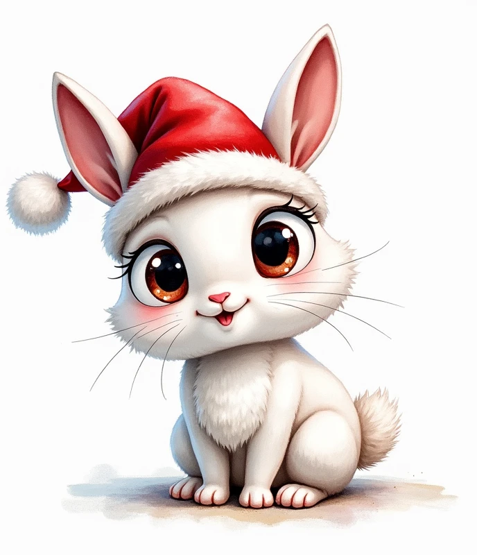 a small cartoon white hare with very large cartoon eyes in a Santa winter hat, a large head and a , a fluffy tail, hand-painted in watercolor, full-length in a super funny cartoon style with more exaggerated features of the muzzle