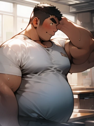 masterpiece, 8K, Chubby male, chubby fat male, chubby male, male with short haircut, white Y-shirt transparent with sweat, lone male, Naked male, anime style illustration