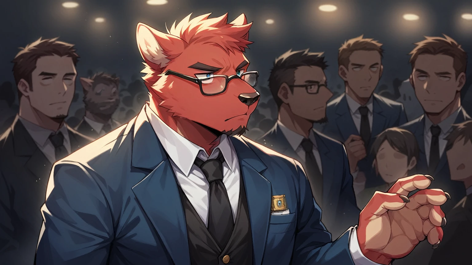 portrait, until,  better quality, from a: Random furry man , zorro, red fur, adult, Hairstyle, Alone,  men's,  medium length black beard , attire: navy blue suit,  with ornaments on the edge , a black shirt, a black tie,  and some dark glasses ,  details : rostro detallado, detailed hands, bottom:  a crowd of people, in the background, low lighting, pose: sitting,  Looking around , with a serious expression, forward. 