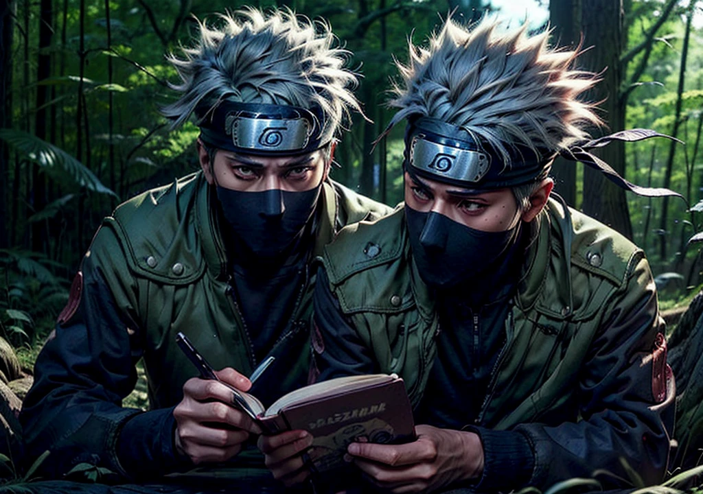 A detailed scene of hatake kakashi,  as a 1950s Japanese ninja movie.Realistic,Same clothes, in a forest, ninja village,Reading a book, close-up, red eye sharingan