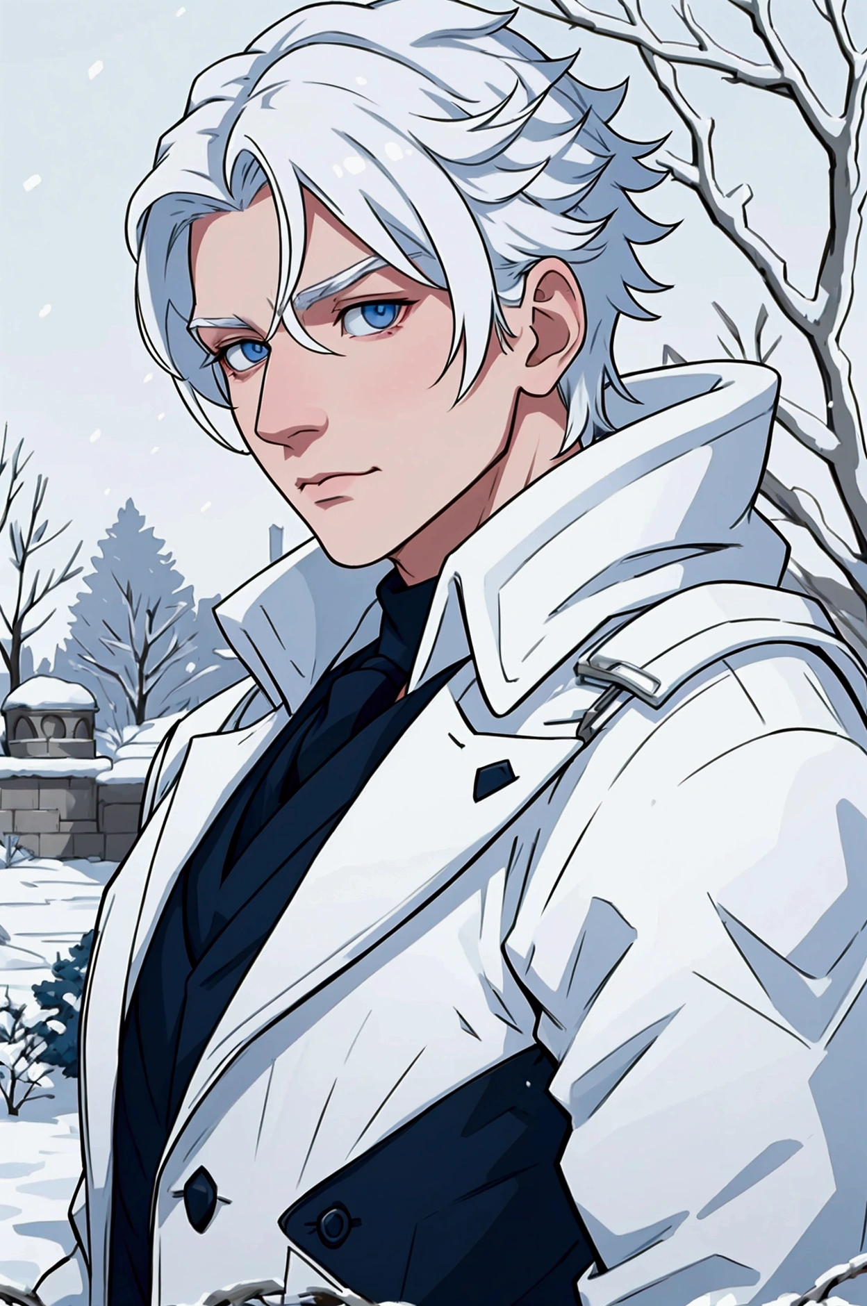  white-haired man , sky blue eyes, Winter steal ,  in a snowy garden