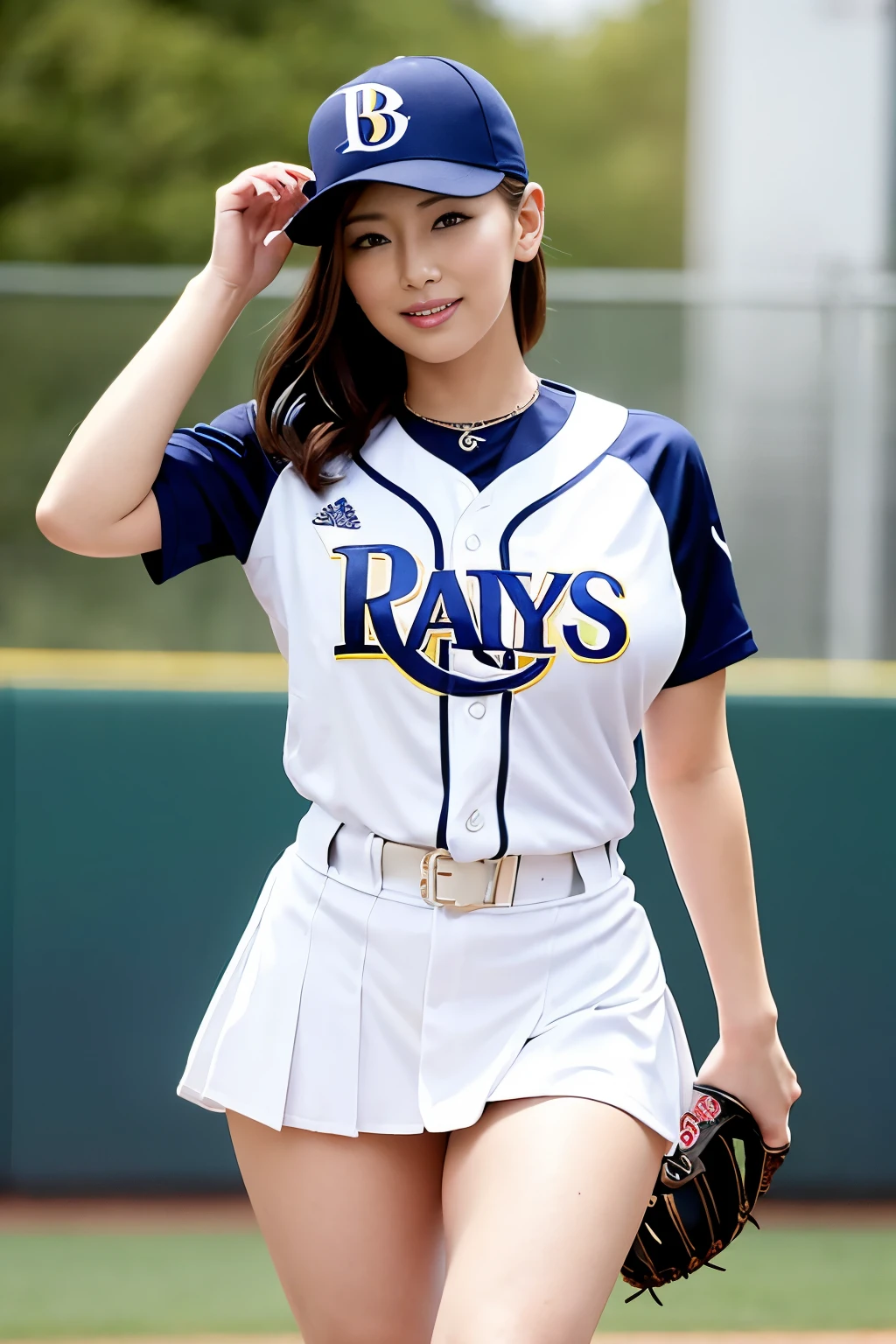 ((best quality)), ((masterpiece)), (detailed), 1girl,baseball player on baseball stadium,((clothed:1.1)),(Tampa Bay Rays uniform),sexy dark navy color and white or light gray baseball uniforms,wearing dark navy baseball cap ,baseball mittens ,hold baseball bats,(pleated mini skirt )((huge breasts:2.0,see through:20,high leg micro pantie)),best smile,crossed arms,hold breasts,standing and style posing ,open legs,(beautiful pussy line),(Protruding pubic hair),