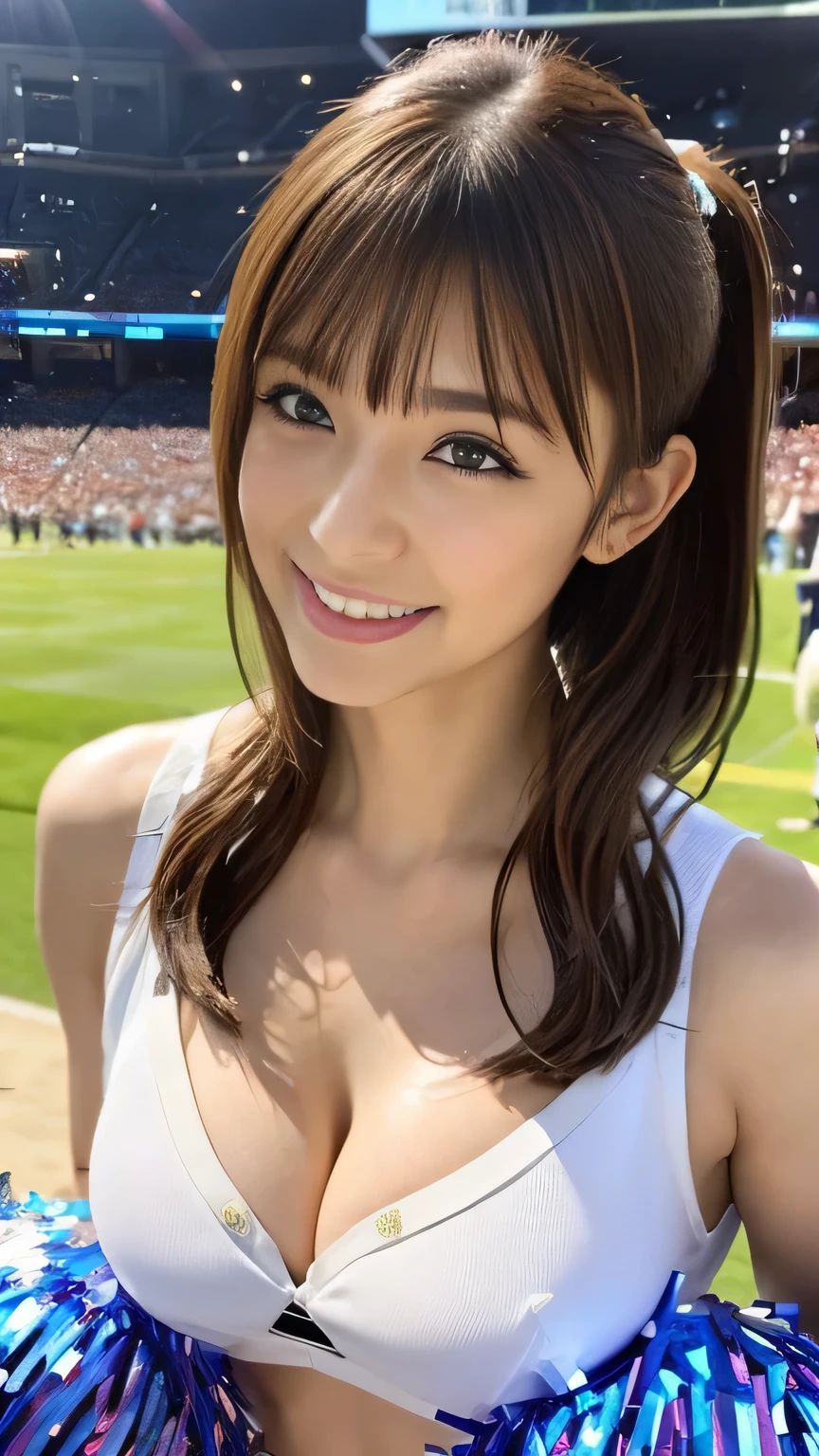 ( photorealistic:1.4, 8k), Best Quality, masterpiece,   ultra high resolution,  perfect dynamic composition, Big Face, Round face,Women who look like Yuko Ogura、 ( light brown hair:1.3, Long Hair, bangs,  layered hair,  ponytail),  High Definition Skin and Face Textures :1.3,  sunburned skin:1.3, slender,   for perfect proportions,   medium chest:1.2, Shiny legs, Limb details,   Cute Sexy 22 Year Old Cheerleader, (  Will Totally Fascinate You  :0.9), (Cheerleader white costume:1.4),  ( gal makeup,  eyeliner , mascara,  pink lip gloss, Distant look,  beautiful eyes that feel eros :0.85),  Sexy Faces:0.4, ( closed mouth, Small Mouth,  Thick lips,  A taste of beautiful eroticism:0.85), (So cute beauty:0.9), ( cleavage:1.7)、Stadium, Many spectators, Many spectators, Green Grass, wind,  colorful lights, ( taken from the side:1.3), ( Are square lines  :1.3), (extreme close up:1.45), smile:0.7