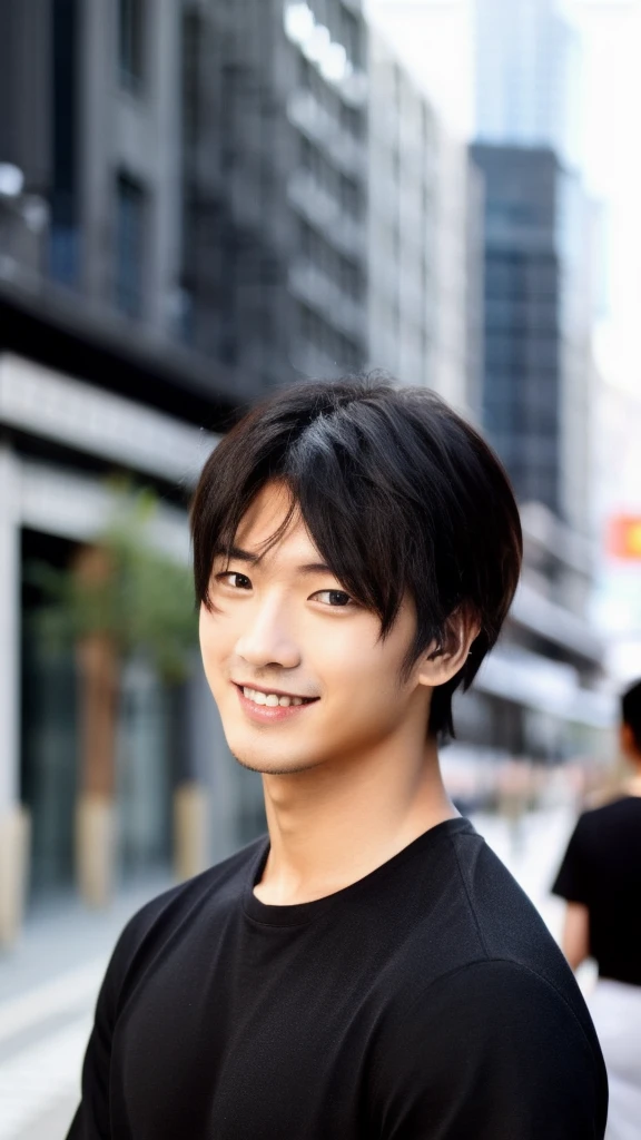 1 male、 Japanese model、 Handsome Man 、Refreshing、 black hair up to ear length、Standing in the city、 looks at me and smiles 、Looks kind、 neutral face 、 realistic、Skin that is not too beautiful、kawasakininja300  