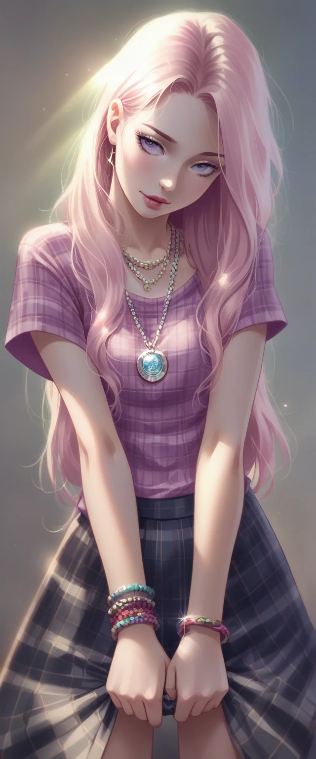  realistic anime style:1.6,  blond girl in pink top with a white pattern and falls on her shoulders and brown and pink plaid skirt,  holding a shiny leather bag ,  she looks down modestly Ross Tran style ,  Ilya Kuvshinov with long hair , in the style of Guweiz ,  digital art Ilya Kuvshinov , Ilya Kuvshinov. 4k, In the style of Ross Tran,  breathtaking Ilya Kuvshinov , ilya kuvshinov style,  high quality digital art style hyper detailed ,  masterpiece ,  the best high definition photograph ,  background with soft graffiti colors pink with magenta spots ,  sunset sunlight from the left side ,  on the right side soft shadows ,  she wears bracelets on both hands , necklaces on her neck , UHD, Retina, masterpiece, Accurate, anatomically correct, textured skin, Super detail, high details,  high quality ,  award winning , best quality, highres, 1080P, HD, 16K