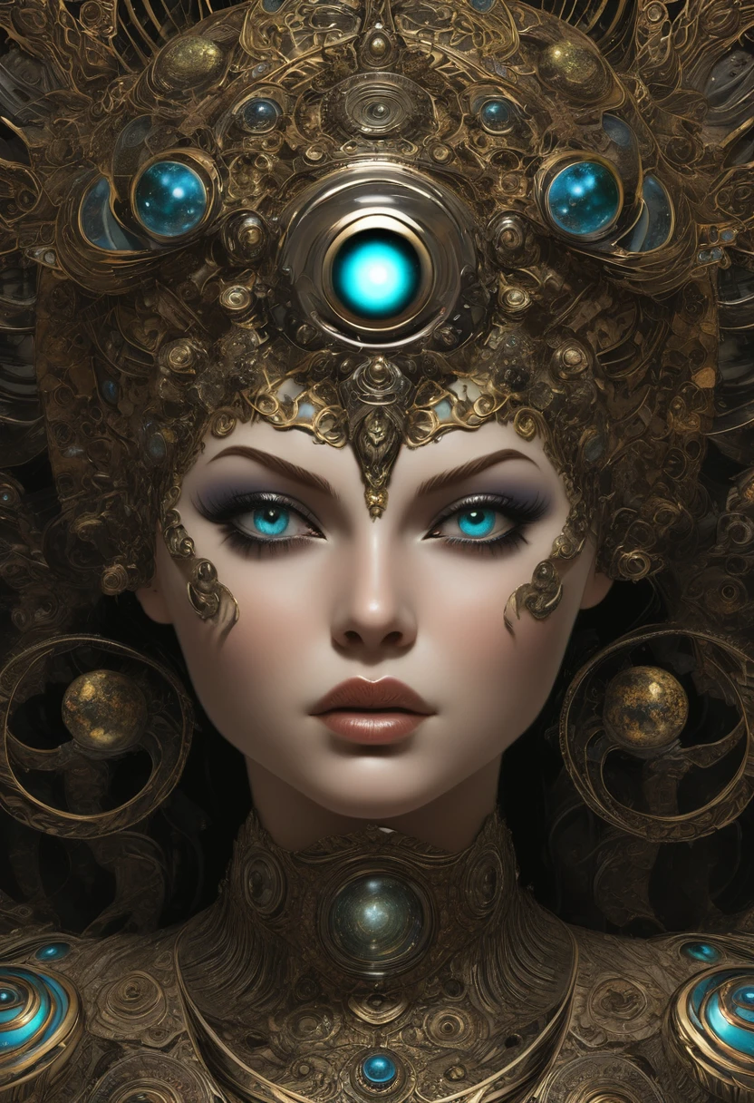 （best qualtiy，ultra - detailed，Most Best Illustration，Best shadow，tmasterpiece，A high resolution，professionalartwork，famousartwork），Detailed eyes，beautidful eyes，closeup cleavage，sci-fy，colored sclera，Robot eyes，face markings，Tattooed with，（fractalized，Fractal eyes），largeeyes，Wide eyes，（Eye focus），sface focus，Cosmic eyes，Space eyes，Close-up of metal sculpture of a woman with a moon in her hair，goddes。extremly high detail，3 d goddess portrait，Extremely detailed footage of the goddess，a stunning portrait of a goddess，Side image of the goddess，portrait of a beautiful goddess，Full body close-up portrait of the goddess，hecate goddess，portrait of a norse moon goddess，goddess of space and time(best quality,4k,8k,highres,masterpiece:1.2),ultra-detailed,