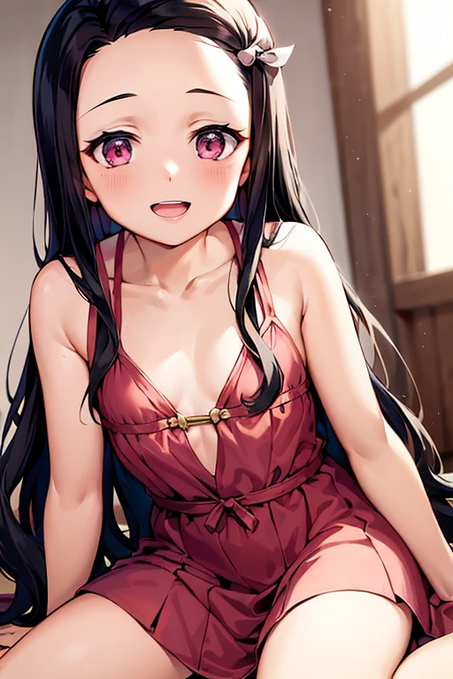 ((Best Quality)), ((masterpiece)), (be familiar with),  perfect face, indoor, bedroom,  watching viewers ,
One woman, Kamado Nezuko,
 characters with open mouth ,  ecstatic expression, blush, smile,
Small breasts,  flat chest, , ,  kids, Girl,
Long Hair,  long hair ,
Leg spread,