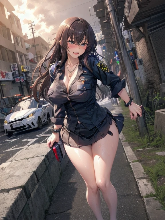   mature woman, big chest, Police Officer,  cosplay, transparent nipples,Big Breasts,    open your chest wide    , ,(    miniskirt length  :1.3),   knee-high socks for viewers, ( ragged uniform  ),No pants,(  sweated , shiny skin:1.1), (Ruins:1.2),    outdoor   ,sunlight, Spotlight effect,Dark Skies,Strong winds,(  High image quality,    high quality:1.1),    intricate details  ,      Cinematic lighting  ,    1 girl,(,  Because she's embarrassed ),(   necklace   ,    bracelet),(Remoteプレイ:1.2), (Remote_vibration:1.2), (( hand:1.3))、  Dynamic Poses in Overseas Seas ,Blonde,