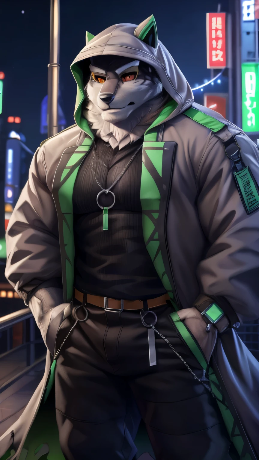 monomasa, solo, (soft shading), 4k, hi res, (detailed face, detailed eyes, detailed), ((full body)), by zackarry911, by zaush, (by personalami:0.5), male, muscular male, bara, muscular, looking at viewer, short hair, shirt, 1boy, male focus, open clothes, belt, pants, hood, necklace, coat, black shirt, black pants, hooded jacket, claws, hood up, hand in pocket, open coat, body fur, red sclera, slime (substance), snout, grey coat, chain necklace, green eyes, (pose), night, tokyo \(city\),