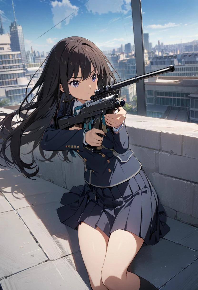 1girl, inoue takina, lycoris recoil,school uniform,navy blazer,navy pleats skirt,string tie,holding a rifle,lying on the floor on the roof top of the building,targeting,city views,masterpiece, best quality, absurdres,