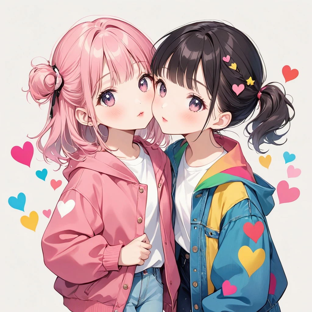 ((bishojo, 2girls)), ((kawaii face)), ((heart-shaped pupils)), (masterpiece), (top quality), ((hyper detailed)), (beautiful and aesthetic), (super detailed skin), (high standard), (high resolution), (perfect anatomy), (full body), (red cheek), ((jirai kei, ground mine)), (earring), (lipstick), ((closed eyes, cheek to kiss))