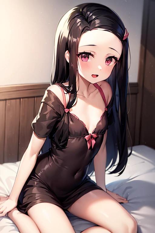 ((Best Quality)), ((masterpiece)), (be familiar with),  perfect face, indoor, bedroom,  watching viewers ,
One woman, Kamado Nezuko,
 characters with open mouth ,  ecstatic expression, blush, smile,
Small breasts,  flat chest, , ,  kids, Girl,
Long Hair,  long hair ,
Leg spread,