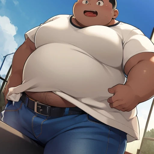 morbidly obese, fat, (big boy), potbellied, sagging hips, fat pecs, fat ass, hard, deep fatty bellybutton, wearing oversized casual clothes (big white t-shirt, big small jeans), black hair, black skin, Latin American, big dick, sweating, blushing, bulge  bulging out of his pants, hard erect cock under his pants, standing in the sun, in the school yard, panting from the heat, detailed face