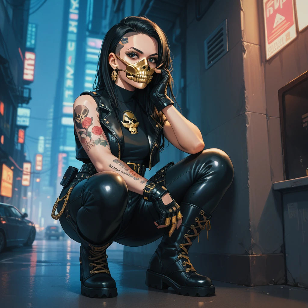 1 woman with black hair, black eyes, gold skull mask over mouth, golden techwear, wearing leather, belts, boots and gloves, nightcity cyberpunk backdrop, tattoos on lower arms
