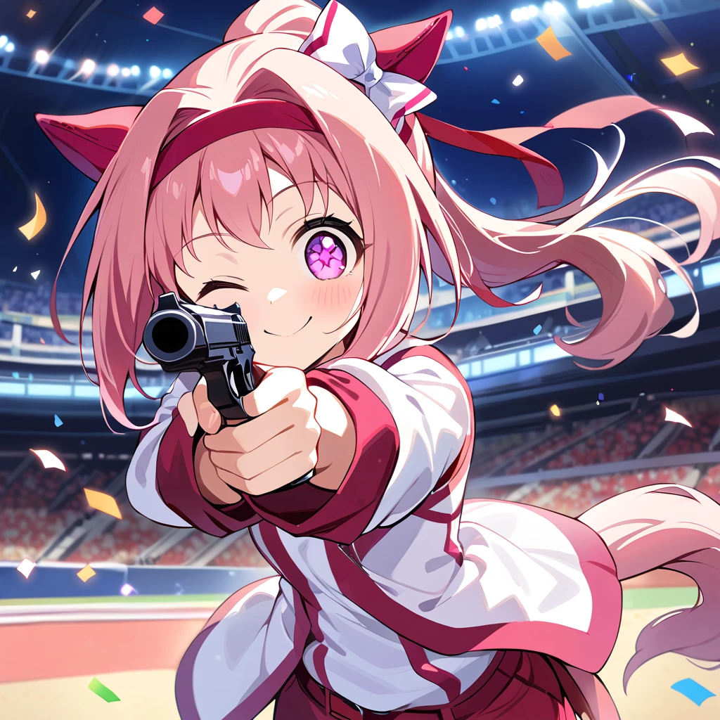 best quality, masterpiece,1girl,haru urara, ponytail, hair bow, white bow, headband, animal ears, ear covers, symbol in eye, flower in eye, horse tail, aiming a pistol at the viewer,one eye closed,stadium,audience,confetti,