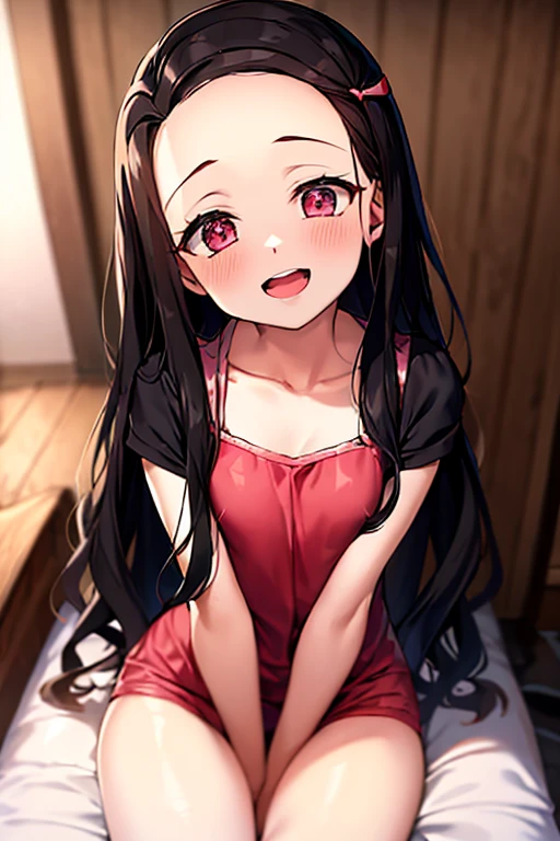 ((Best Quality)), ((masterpiece)), (be familiar with),  perfect face, indoor, bedroom,  watching viewers ,
One woman, Kamado Nezuko,
 characters with open mouth ,  ecstatic expression, blush, smile,
Small breasts,  flat chest, , ,  kids, Girl,
Long Hair,  long hair ,
Leg spread,