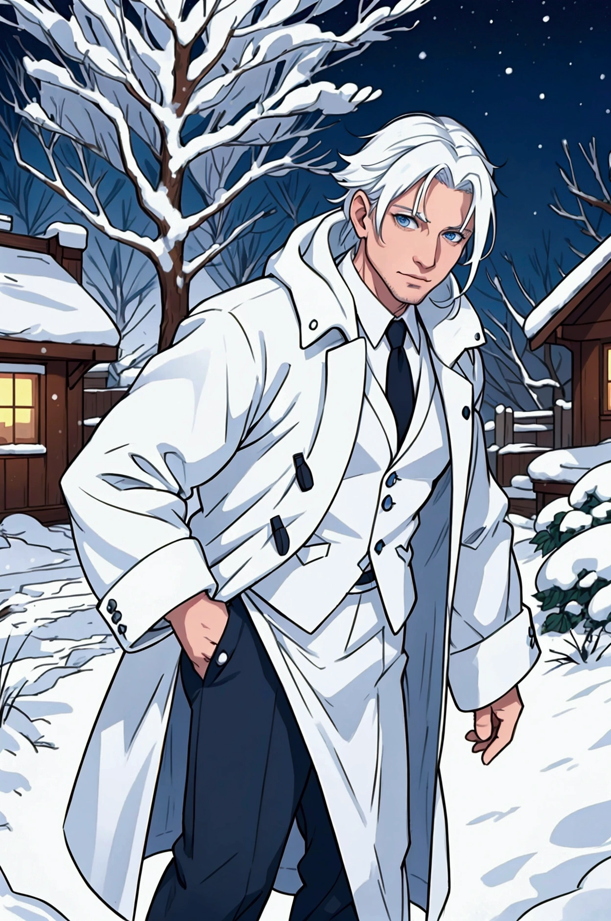 40 year old man, white haired, sky blue eyes, Winter steal ,  in a snowy garden, night