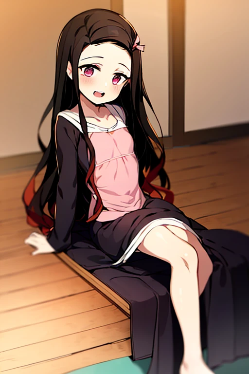 ((Best Quality)), ((masterpiece)), (be familiar with),  perfect face, indoor, bedroom,  watching viewers ,
One woman, Kamado Nezuko,
 characters with open mouth ,  ecstatic expression, blush, smile,
Small breasts,  flat chest, , ,  kids, Girl,
Long Hair,  long hair ,
Leg spread,