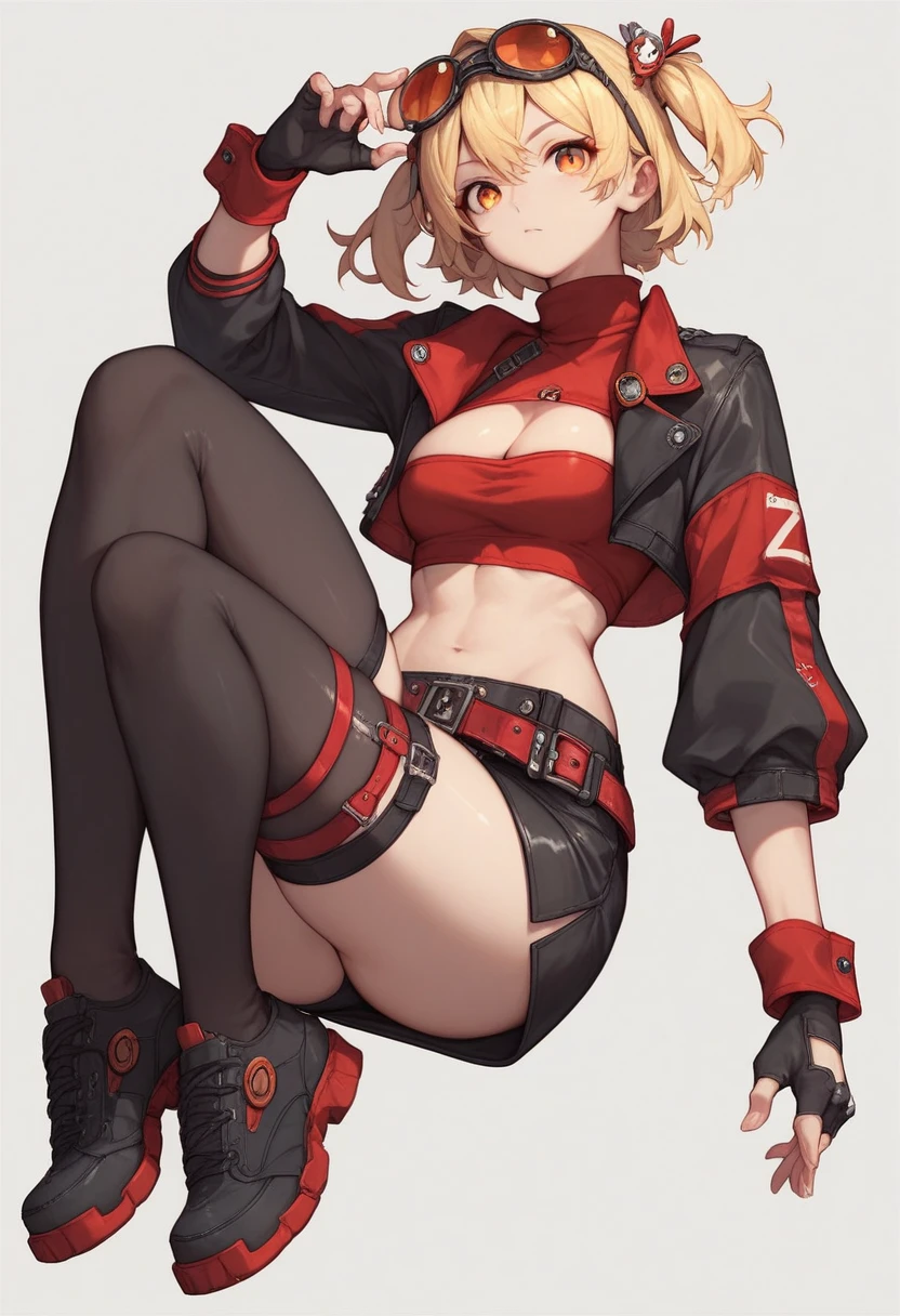 Burnice_ZZZ, blonde hair, orange eyes, two side up, short twintails, hair ornament, eyewear on head, sunglasses, goggles, crop top, tube top, black jacket, black thighhighs, cropped jacket, red shirt, cleavage cutout, long sleeves, belt, black skirt, red wrist cuffs, red thigh strap, fingerless gloves, miniskirt, midriff, turtleneck,  Crossing legs, soles of shoes,((under shoes)),