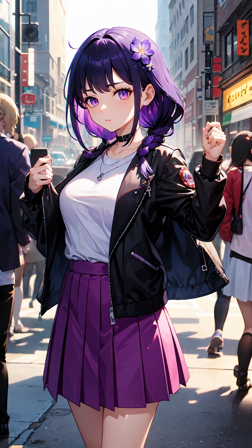 masterpiece, shogun, long hair, looking at viewer, medium breasts, hair ornament, purple eyes, purple hair, braid, hair flower, braided ponytail, purple flower, vision (genshin impact), city, in the crowd, jacket, open jacket, casual, t-shirt, skirt