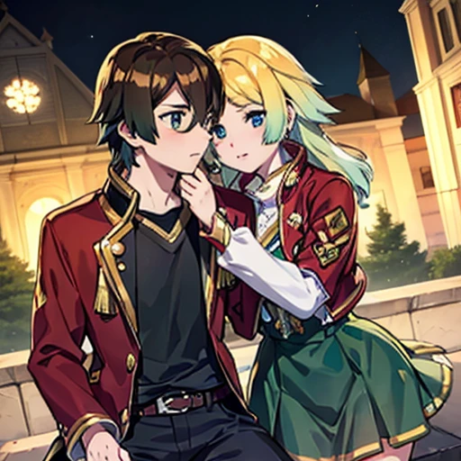 Form from Fire emblem heroes 1 boy with black hair, Red jacket and glasses romantically kissing a girl with blonde hair with green tipsand blue eyes, white dress. Church at night in the background., True love, blushing cheeks, high quality 