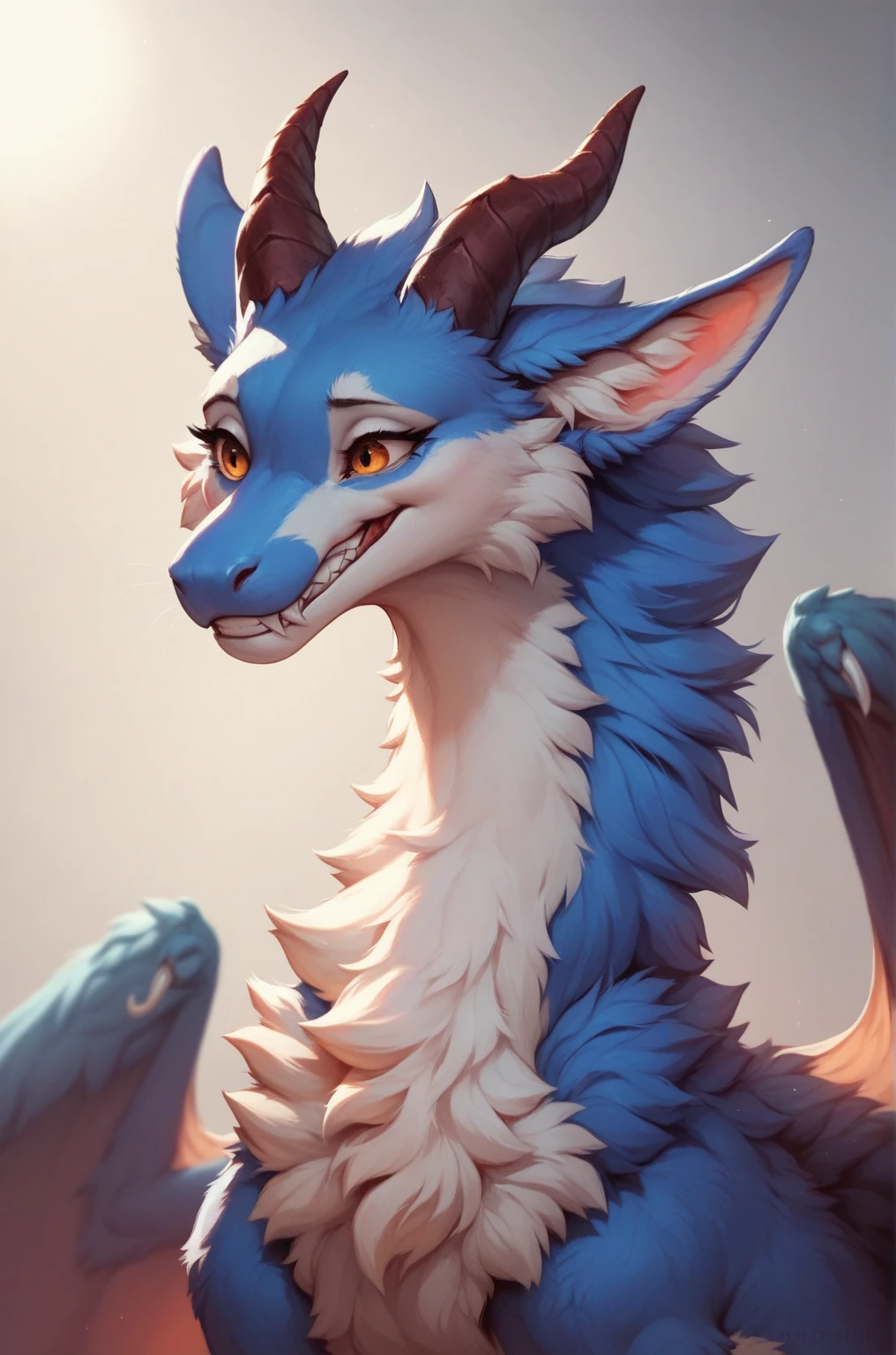 furry art, feral, furred dragon, female, portrait, white and blue fur, thicc, wings, horns, tail, chest fluff, paws, fangs,  ton back,  embarrassed,grin,  staring off into space, extra fluffy,  staring off into space, extra fluffy, quadruped, 