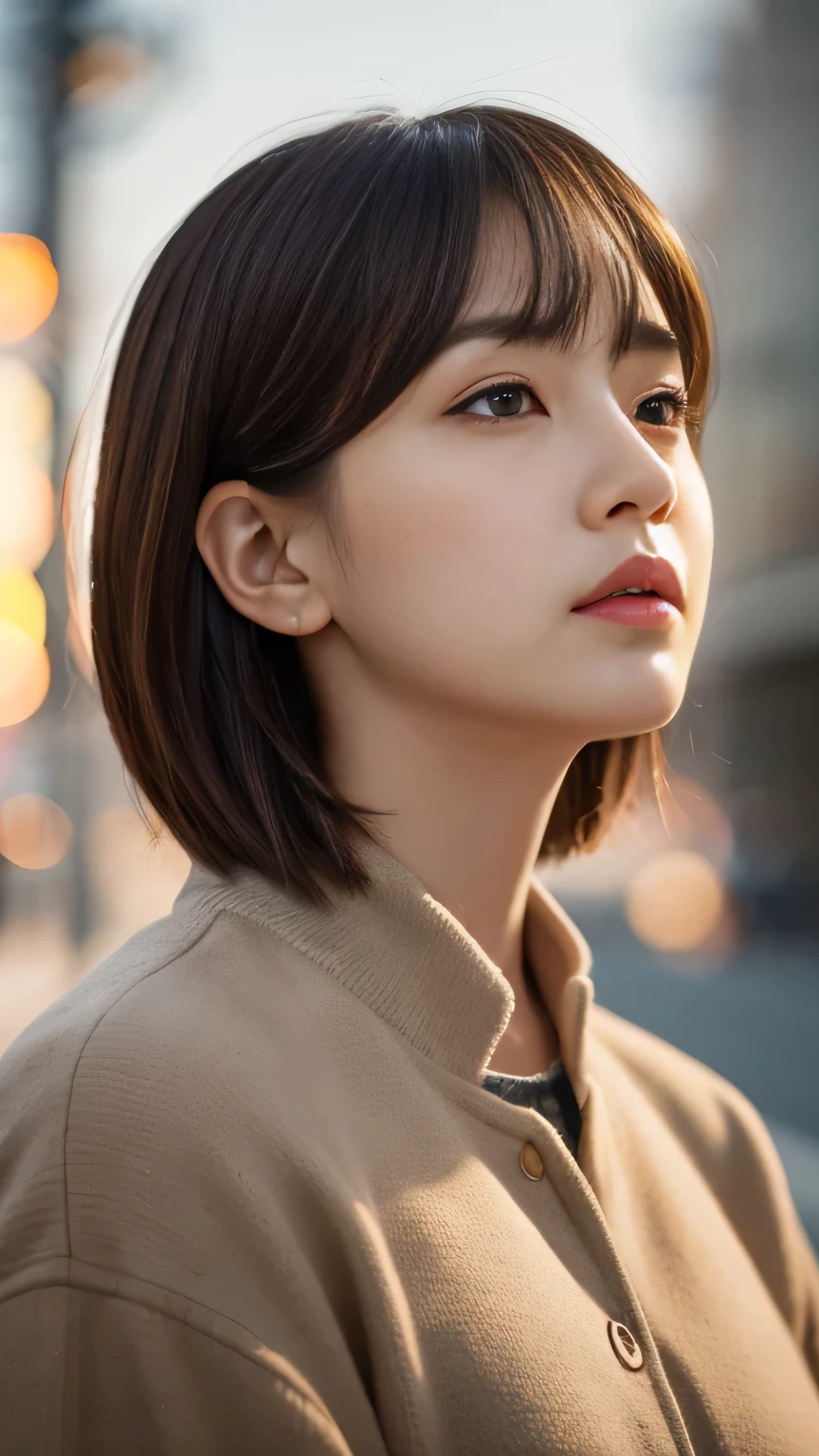 1 girl, short hair, Full Body Shot, Brown eyes, Absurd、melancholy,tears、sorrow、Depressed 、 profile、((High resolution, Super sharp, 8k, masterpiece)), Pure Erotic Face Ace_v1 , ((High resolutionolution)), The finer details, Face line, (Realistic, Realistic: 1.37), Professional Lighting, Photon Mapping, Radio City, Physically Based Rendering, Rich details, (Beautiful Face),(Beautiful Eyes), (Clear Face), (Detailed face description), (Detailed hand description), Extreme light and shadow, Glowing Skin、cool、Diagonal bangs for points、Less exposure、melancholy、dusk、Autumn clothes、Beautiful sunrise、Showing from the waist up