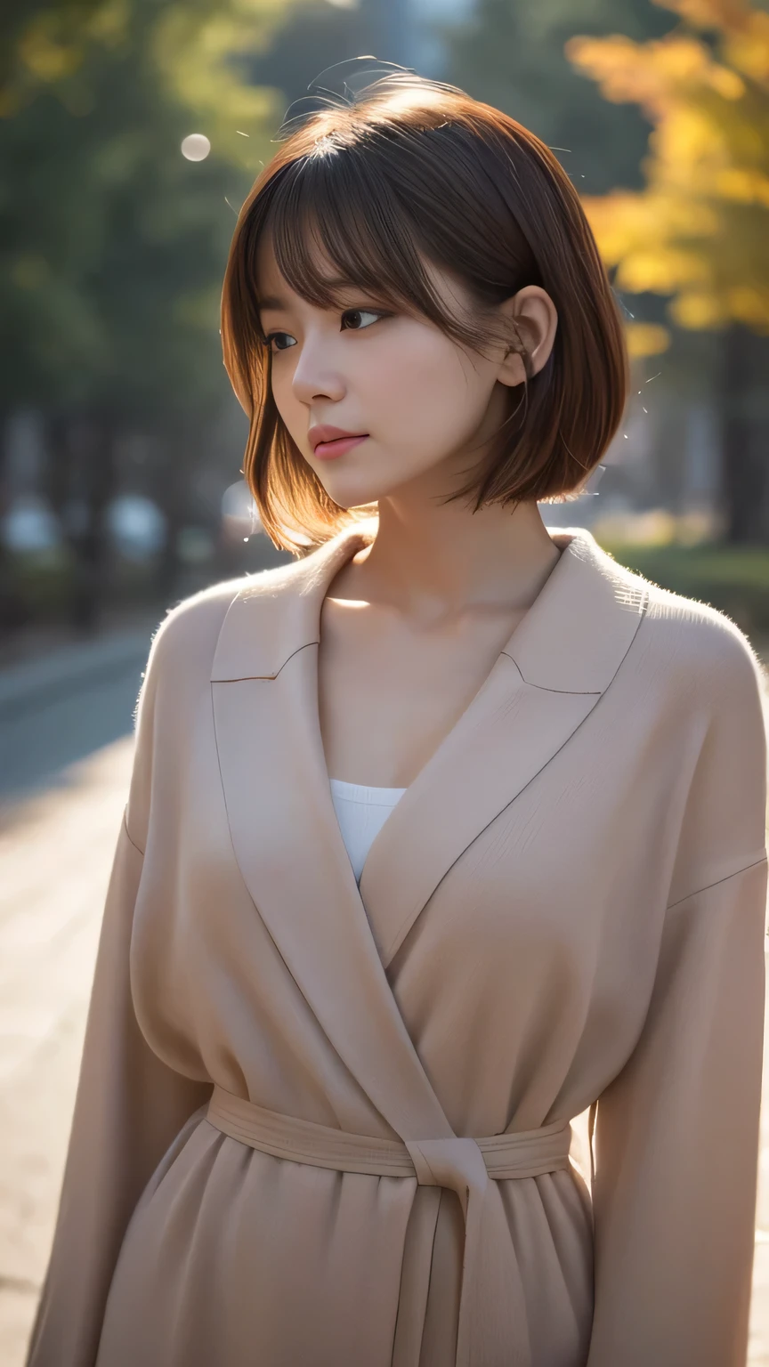 1 girl, short hair, Full Body Shot, Brown eyes, Absurd、melancholy,tears、sorrow、Depressed 、 profile、((High resolution, Super sharp, 8k, masterpiece)), Pure Erotic Face Ace_v1 , ((High resolutionolution)), The finer details, Face line, (Realistic, Realistic: 1.37), Professional Lighting, Photon Mapping, Radio City, Physically Based Rendering, Rich details, (Beautiful Face),(Beautiful Eyes), (Clear Face), (Detailed face description), (Detailed hand description), Extreme light and shadow, Glowing Skin、cool、Diagonal bangs for points、Less exposure、melancholy、dusk、Autumn clothes、Beautiful sunrise、Showing from the waist up