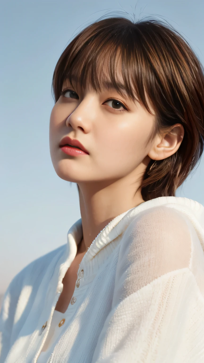 1 girl, short hair, Full Body Shot, Brown eyes, Absurd、melancholy,tears、sorrow、Depressed 、 profile、((High resolution, Super sharp, 8k, masterpiece)), Pure Erotic Face Ace_v1 , ((High resolutionolution)), The finer details, Face line, (Realistic, Realistic: 1.37), Professional Lighting, Photon Mapping, Radio City, Physically Based Rendering, Rich details, (Beautiful Face),(Beautiful Eyes), (Clear Face), (Detailed face description), (Detailed hand description), Extreme light and shadow, Glowing Skin、cool、Diagonal bangs for points、Less exposure、melancholy、dusk、Autumn clothes、Beautiful sunrise、Showing from the waist up