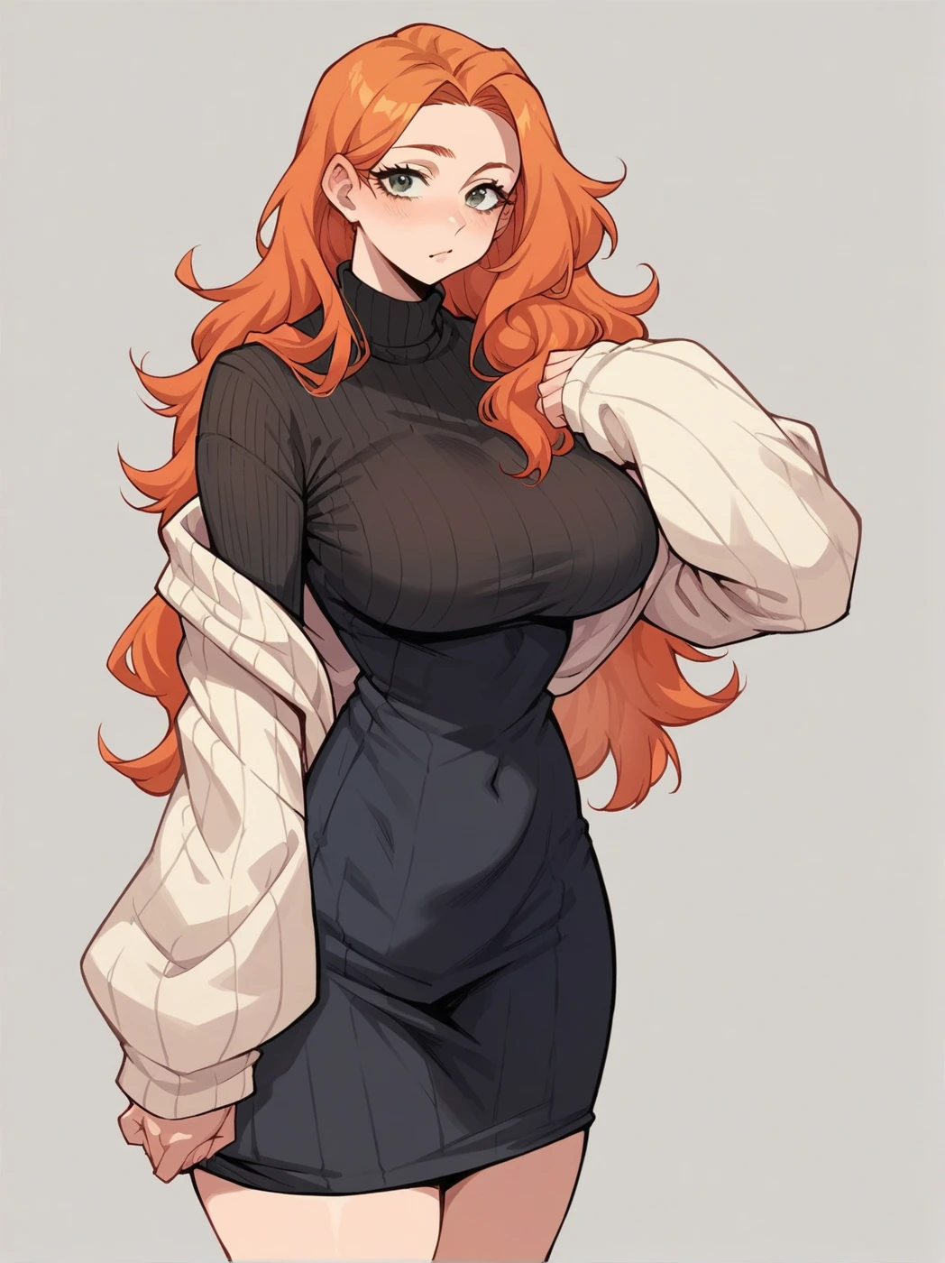 source_anime, score_9. score_8_up, score_7_up, score_6_up, score_5_up, score_4_up, (plump:0.3), large breasts, ginger hair, 1girl,  simple background, p0mp0mdr3ss, long sleeves, black dress with pompoms, striped, sleeves past wrists, sweater, multicolored clothes, long hair,