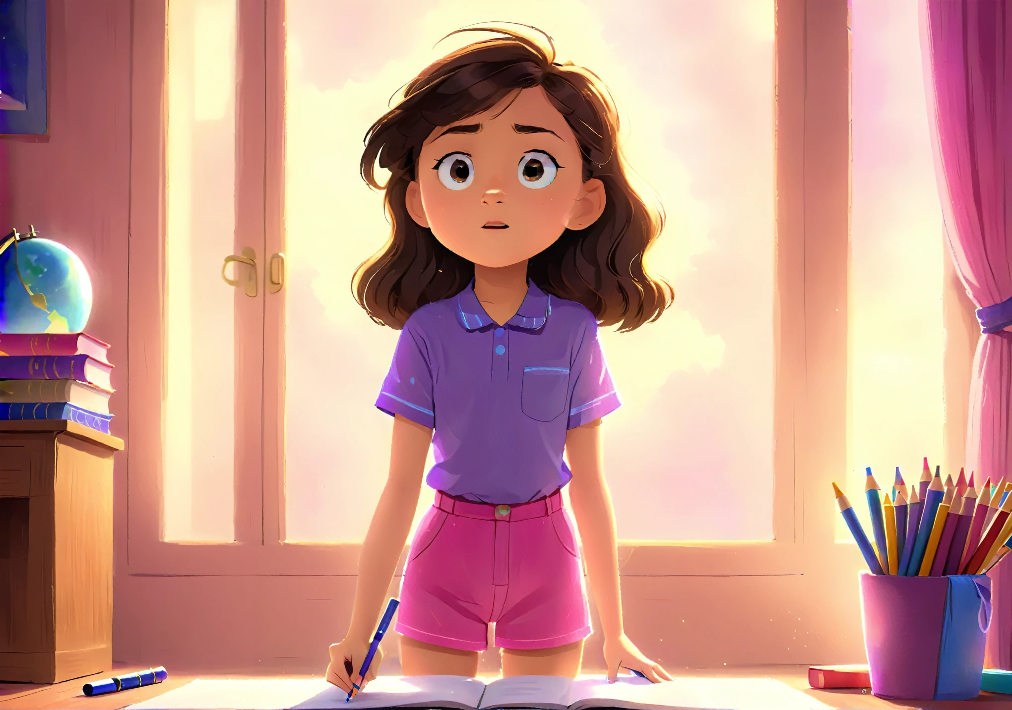 Clara, one small girl with brown wavy hair, using glasses, she is standing up and is listening to something, concerned expression, wearing a purple shirt, pink shorts and blue boots. Detailed face, intricate details, colorful crayons, cozy indoor setting, beautiful lighting, soft pastel colors, warm tones, cinematic composition, award winning illustration, highly detailed, photorealistic, 8k, masterpiece, professional, award winning, cinematic lighting, soft focus, beautiful composition, consistent character. The illustration should be simple and clean. The style of the illustration resembles a classic ren's book, combining a Disney cartoon and watercolor illustration but with thick lines outlining the image.