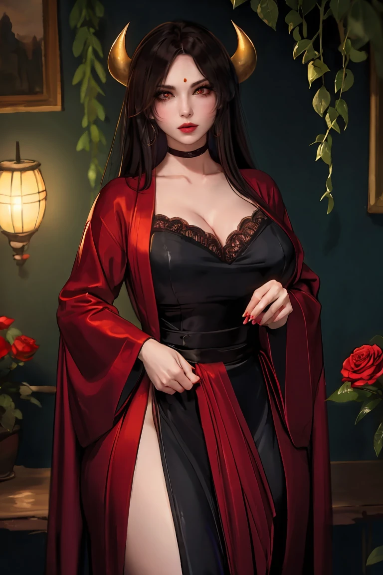 (8K, high resolution , masterpiece :1.2),actual,photo-actual:1.37,Devil Girl,Red Corner,Beautiful and delicate eyes, beautiful and delicate lips, Extremely Detailed Eyes and Face , Long Lashes ,Sexy long dark hair , fiery eyes, Wearing a flowing black robe , floats in the moonlight , Red eyes penetrate the dark , The gentle, flowing light illuminates her beautiful figure , Subtle shadows dance around her , Red roses are surrounded by prickly vines , A sinister and charming being ., using dark and dramatic light contrasts , Create an unforgettable and charming atmosphere , A clever fusion of traditional oil painting and digital art ,evoke a sense of mystery，, {x} Perfectly captures the duality of beauty and darkness in charming women,Lace robe，yukata, Lace Lingerie 