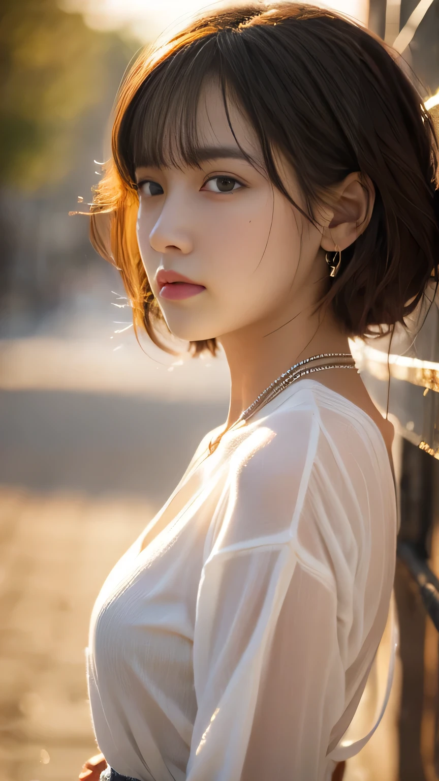 1 girl, short hair, Full Body Shot, Brown eyes, Absurd、melancholy,tears、sorrow、Depressed 、 profile、((High resolution, Super sharp, 8k, masterpiece)), Pure Erotic Face Ace_v1 , ((High resolutionolution)), The finer details, Face line, (Realistic, Realistic: 1.37), Professional Lighting, Photon Mapping, Radio City, Physically Based Rendering, Rich details, (Beautiful Face),(Beautiful Eyes), (Clear Face), (Detailed face description), (Detailed hand description), Extreme light and shadow, Glowing Skin、cool、Diagonal bangs for points、Less exposure、melancholy、dusk、Autumn clothes、Beautiful sunrise、Showing from the waist up