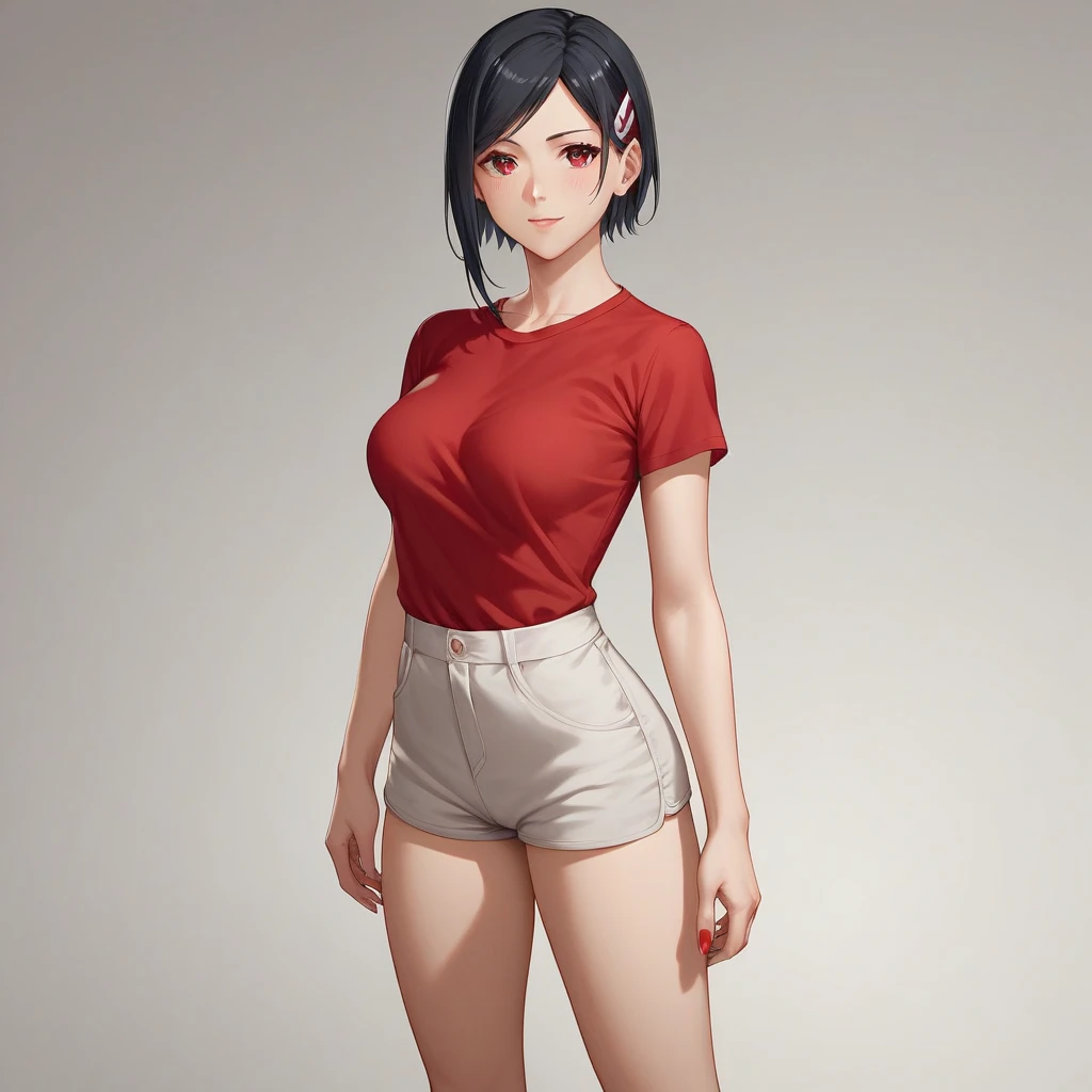 Sarada Uchiha,  short black hair, one lens,  a red shirt medium breasts growing,  short shorts gray boots color black  , escenario en un bosque high resolution,  high resolution,  masterpiece ,  The best quality, HD model, 