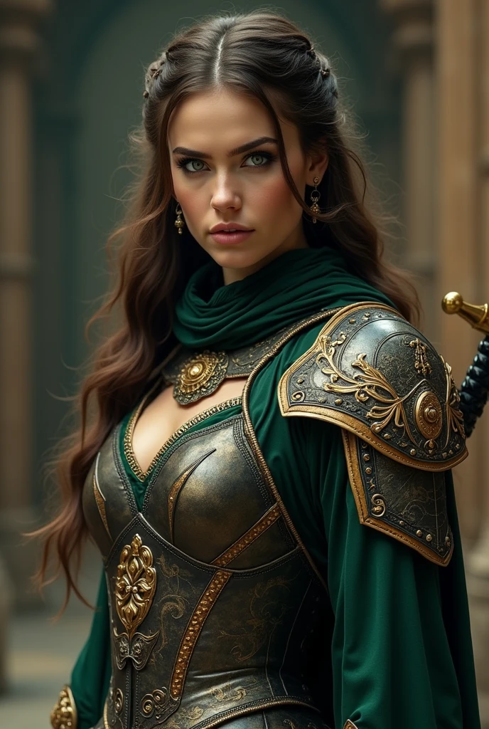modelshoot style, looks like keira knightley, (extremely detailed CG unity 8k wallpaper), full shot body photo of the most beautiful artwork in the world, english medieval witch, green vale, pearl skin,golden crown, diamonds, medieval architecture, professional majestic oil painting by Ed Blinkey, Atey Ghailan, Studio Ghibli, by Jeremy Mann, Greg Manchess, Antonio Moro, trending on ArtStation, trending on CGSociety, Intricate, High Detail, Sharp focus, dramatic, photorealistic painting art by midjourney and greg rutkowski