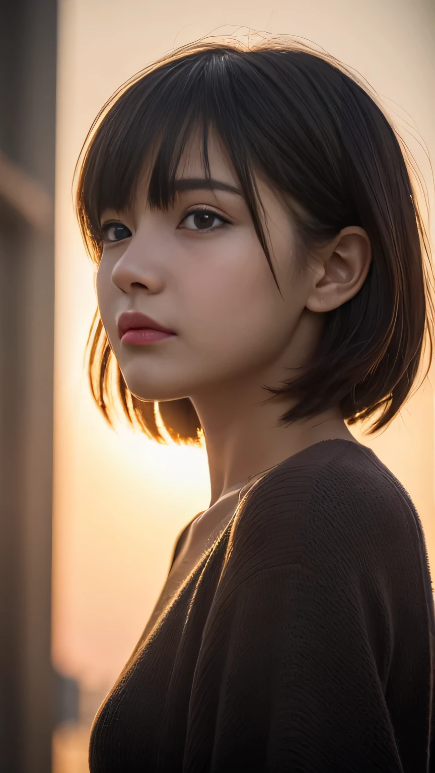 1 girl, short hair, Full Body Shot, Brown eyes, Absurd、melancholy,tears、sorrow、Depressed 、 profile、((High resolution, Super sharp, 8k, masterpiece)), Pure Erotic Face Ace_v1 , ((High resolutionolution)), The finer details, Face line, (Realistic, Realistic: 1.37), Professional Lighting, Photon Mapping, Radio City, Physically Based Rendering, Rich details, (Beautiful Face),(Beautiful Eyes), (Clear Face), (Detailed face description), (Detailed hand description), Extreme light and shadow, Glowing Skin、cool、Diagonal bangs for points、Less exposure、melancholy、dusk、Autumn clothes、Beautiful sunrise、Showing from the waist up