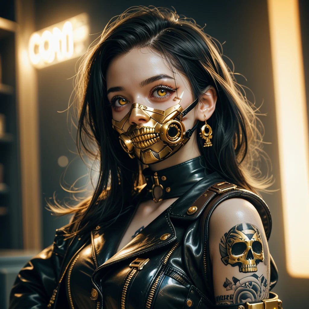 1 woman with black hair, gold tech eyes, gold skull mask over mouth, golden techwear, wearing leather, belts, boots and gloves, nightcity cyberpunk backdrop, tattoos on lower arms, black eyes
