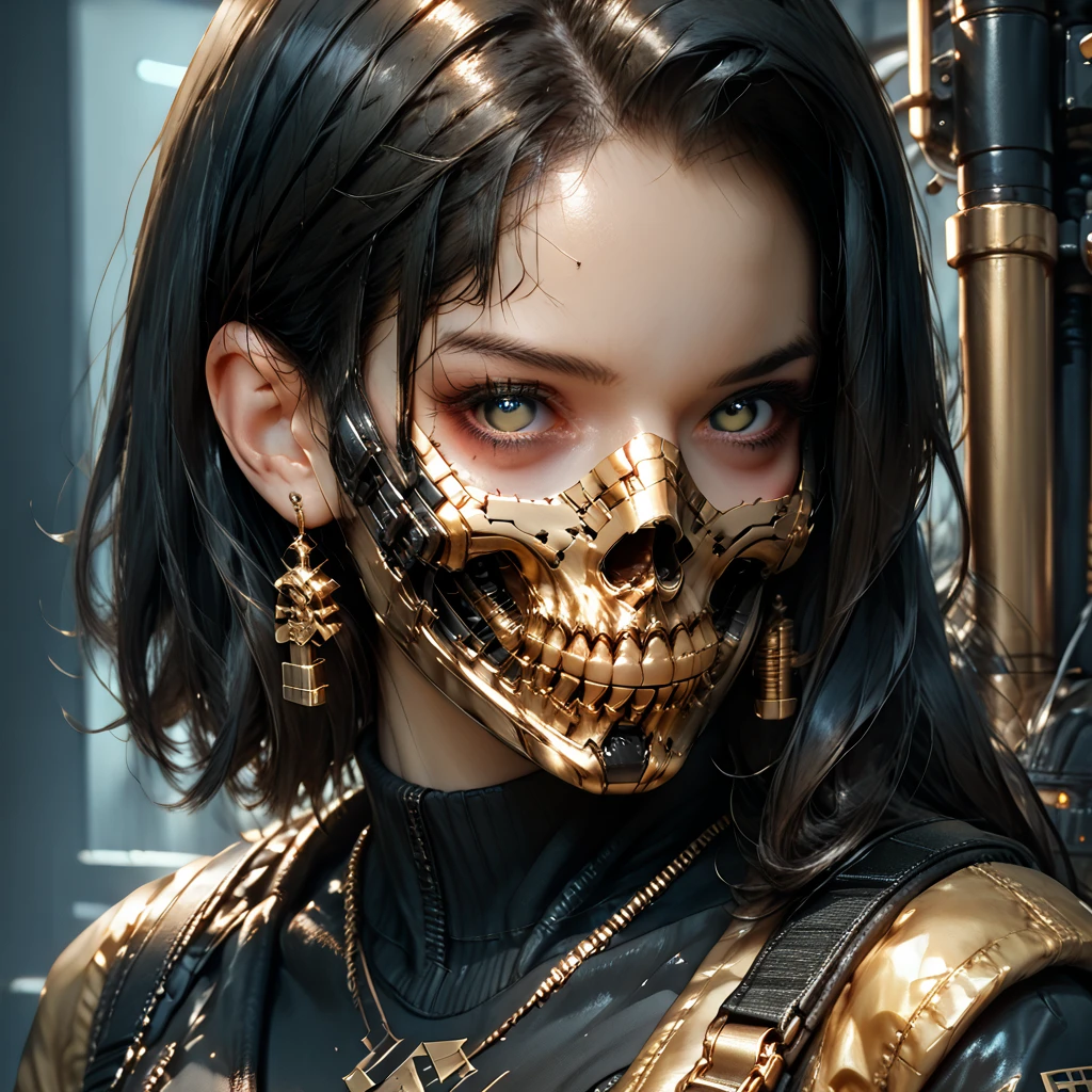 1 woman with black hair, gold tech eyes, gold skull mask over mouth, golden techwear, wearing leather, belts, boots and gloves, nightcity cyberpunk backdrop, tattoos on lower arms, black eyes
