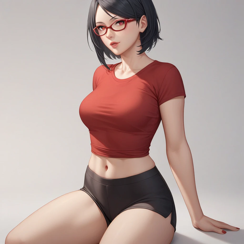 Sarada Uchiha,  short black hair, one lens,  a red shirt with medium growing breasts,  short shorts gray boots color black  , escenario en un bosque high resolution,  high resolution,  masterpiece ,  The best quality, HD model, wear animation-style glasses like the LORA 