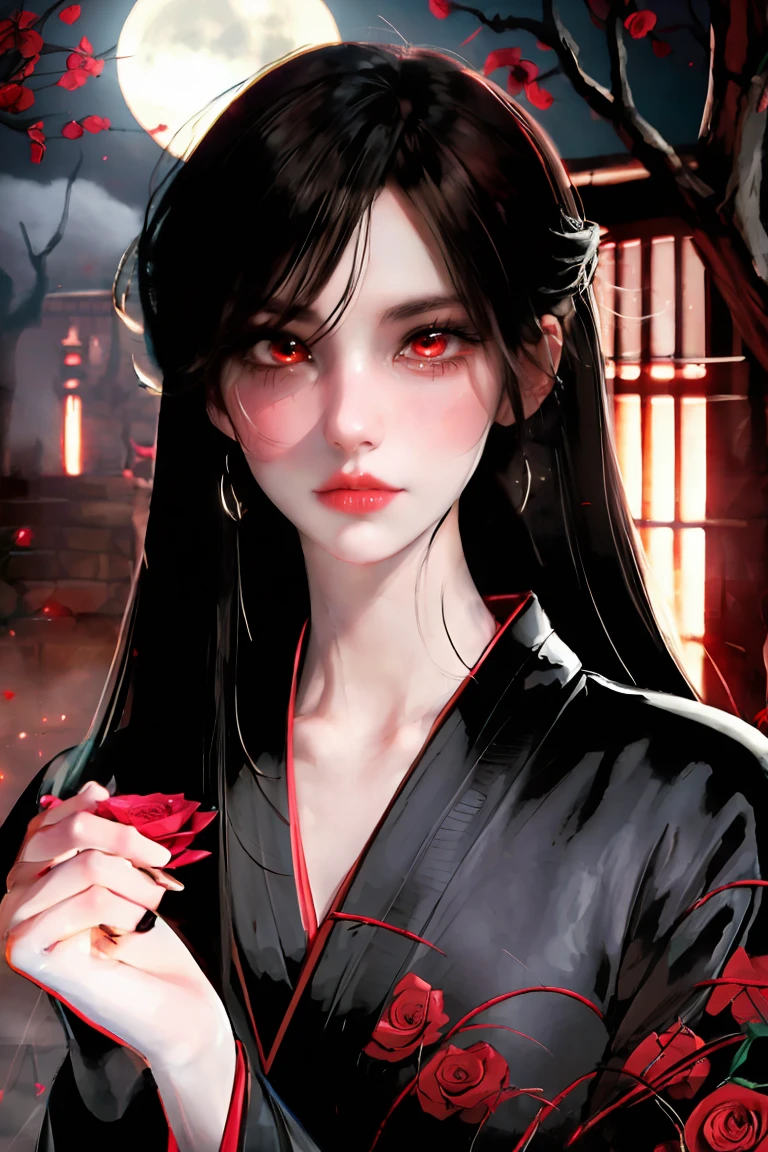 (8K, high resolution , masterpiece :1.2),actual,photo-actual:1.37,Devil Girl,Red Corner,Beautiful and delicate eyes, beautiful and delicate lips, Extremely Detailed Eyes and Face , Long Lashes ,Sexy long dark hair , fiery eyes, Wearing a flowing black robe , floats in the moonlight , Red eyes penetrate the dark , The gentle, flowing light illuminates her beautiful figure , Subtle shadows dance around her , Red roses are surrounded by prickly vines , A sinister and charming being ., using dark and dramatic light contrasts , Create an unforgettable and charming atmosphere , A clever fusion of traditional oil painting and digital art ,evoke a sense of mystery，, {x} Perfectly captures the duality of beauty and darkness in charming women,Lace robe，yukata, Lace Lingerie 