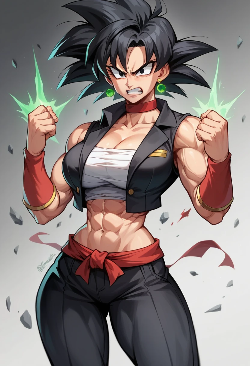 masterpiece, uncensored, BREAK, best quality, highrens, 4k resolution, ((masterpiece, best quality)),(complex light), 1female,solo,upper body, goku black,black goku hair,black eyes, angry, green potara earrings, large breasts, wide hips, curvy, thin waist, red collar, solo girl, large breasts, wide hips, curvy, thin waist, abs, muscular female, 6 pack, muscles, sexy, Black suit, black suit underneath, red ribbon around the waist, green earring in the ear, white boots. 