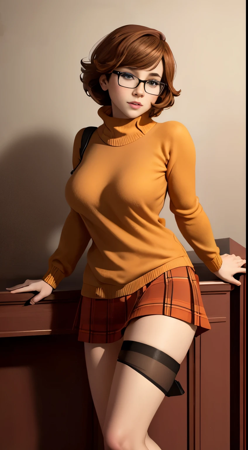 (masterpiece:1.2), (best quality), (ultra detailed), (8k, 4k, intricate),(full-body-shot:1), (highly detailed:1.2), (detailed face:1.2), ((portrait)), (dynamic pose:1.2)  Velma, 1girl, solo, bare breasts, looking at viewer, short hair, skirt, large breasts, brown hair, brown eyes, pantyhose, pleated skirt, glasses, pulling her sweater up, orange sweater exposed breasts, ((full body))